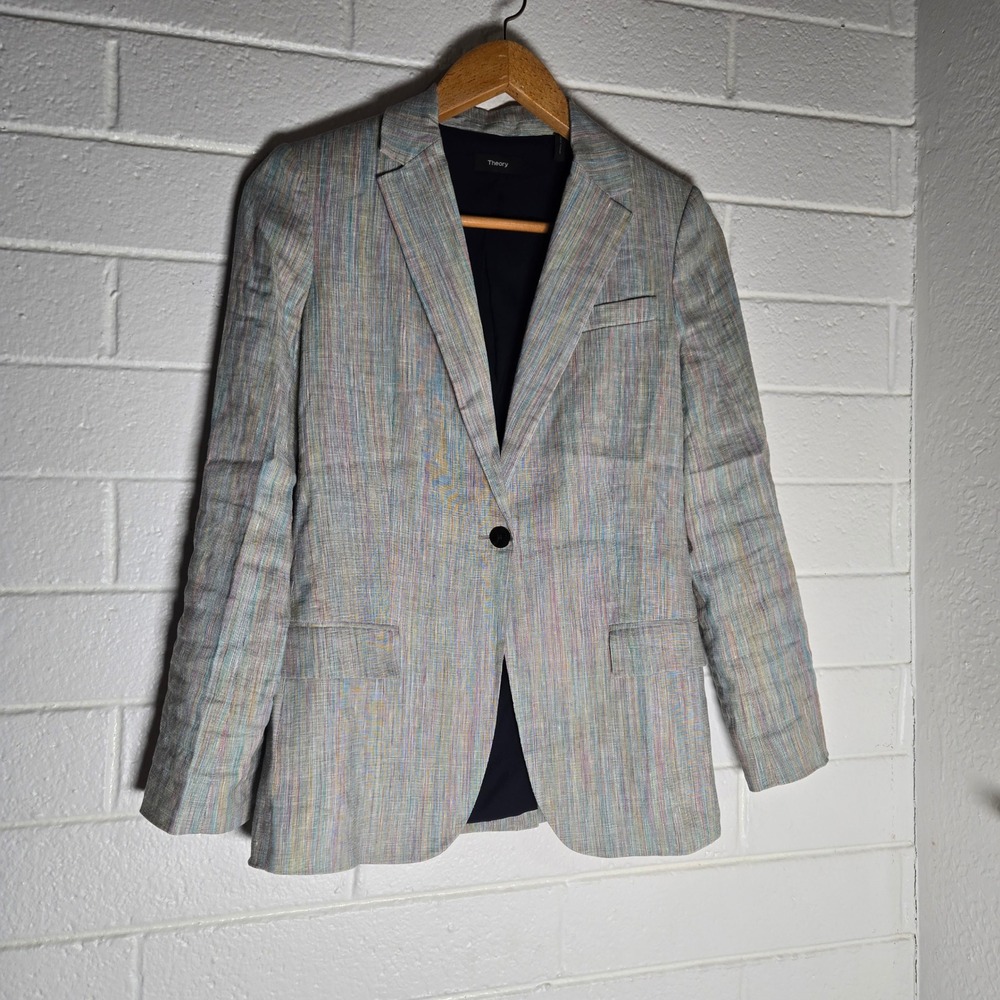 Theory Womens Blazer Multicolor Linen Striped Jacket Office Career Neutral 6